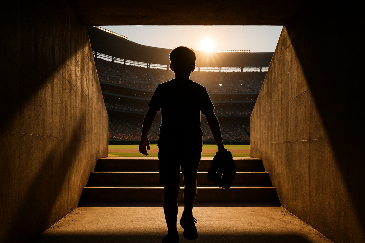 have the tunnel be below the level of the playing field with stairs leading up to the field that the boy has to walk up to get to the field. have the field be oriented so he is emerging on the side versus from the outfield or from behind home plate